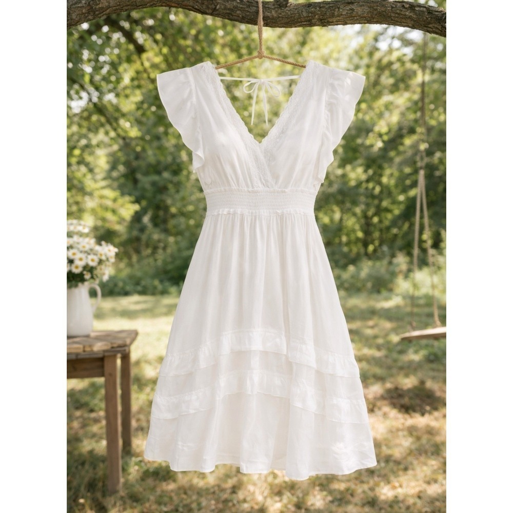 J GEE White Gauze Maxi Dress Flutter Sleeve Smocked Waist Cottagecore Boho Sz 2X